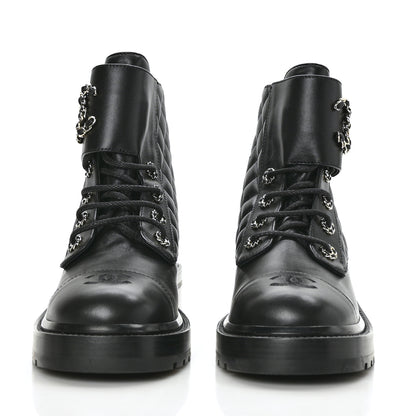 Chanel Shiny Calfskin Quilted Lace Up Combat Boots 40 Black 2 of 8