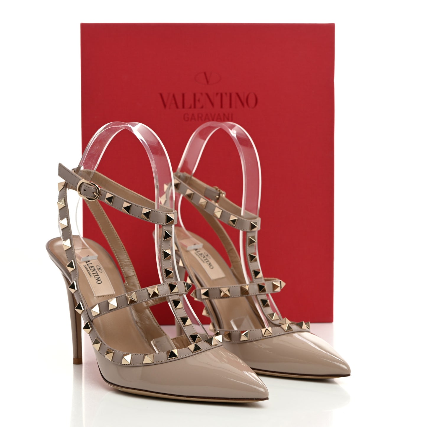 Patent Nappa Rockstud Ankle Strap 100mm Pumps 38 Poudre