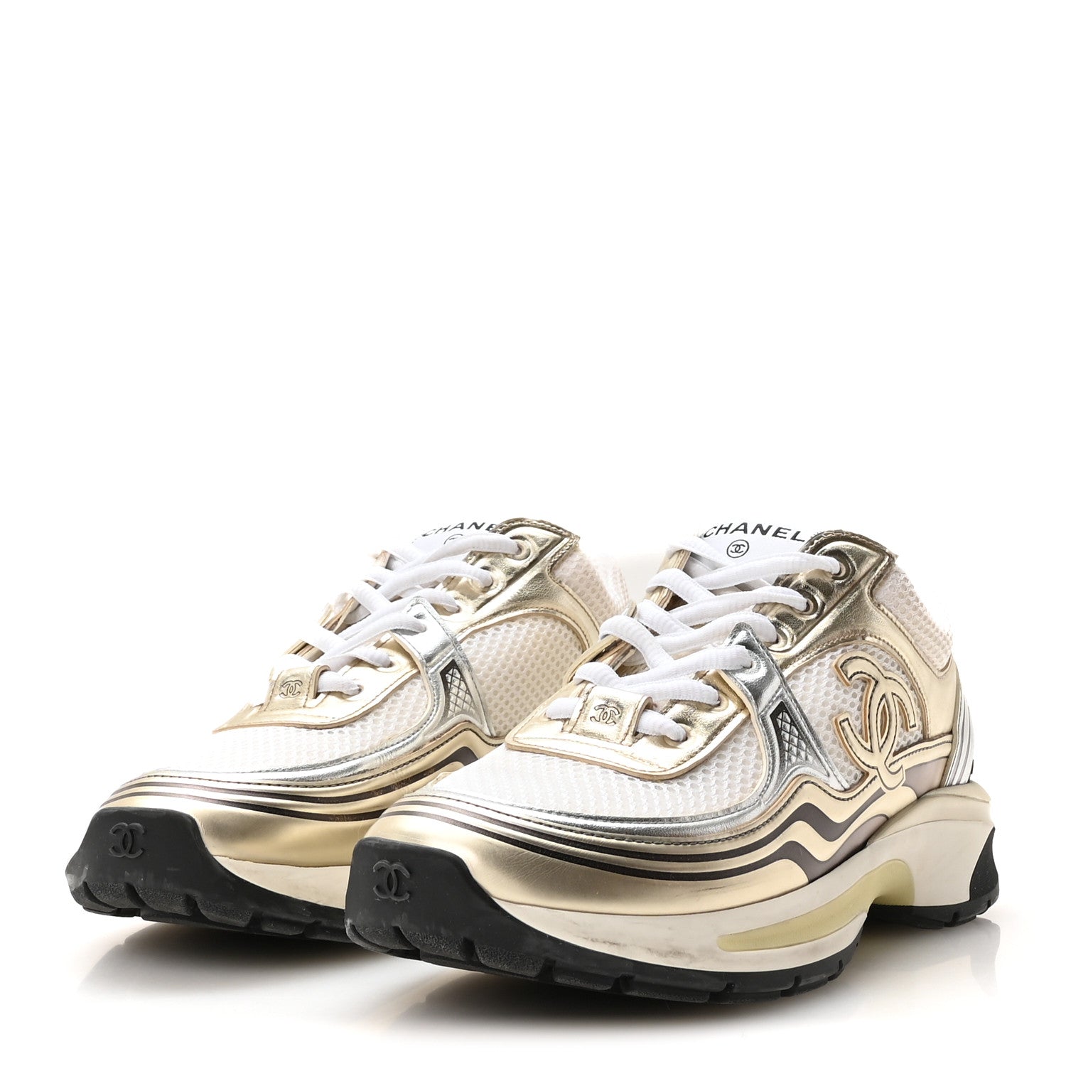 Chanel Fabric Laminated Calfskin Stretch CC Sneakers 39 White Gold Silver 4 of 8