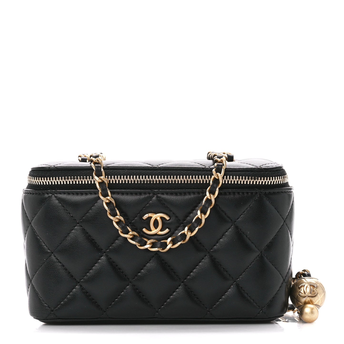 Lambskin Quilted Pearl Crush Small Vanity Case With Chain Black