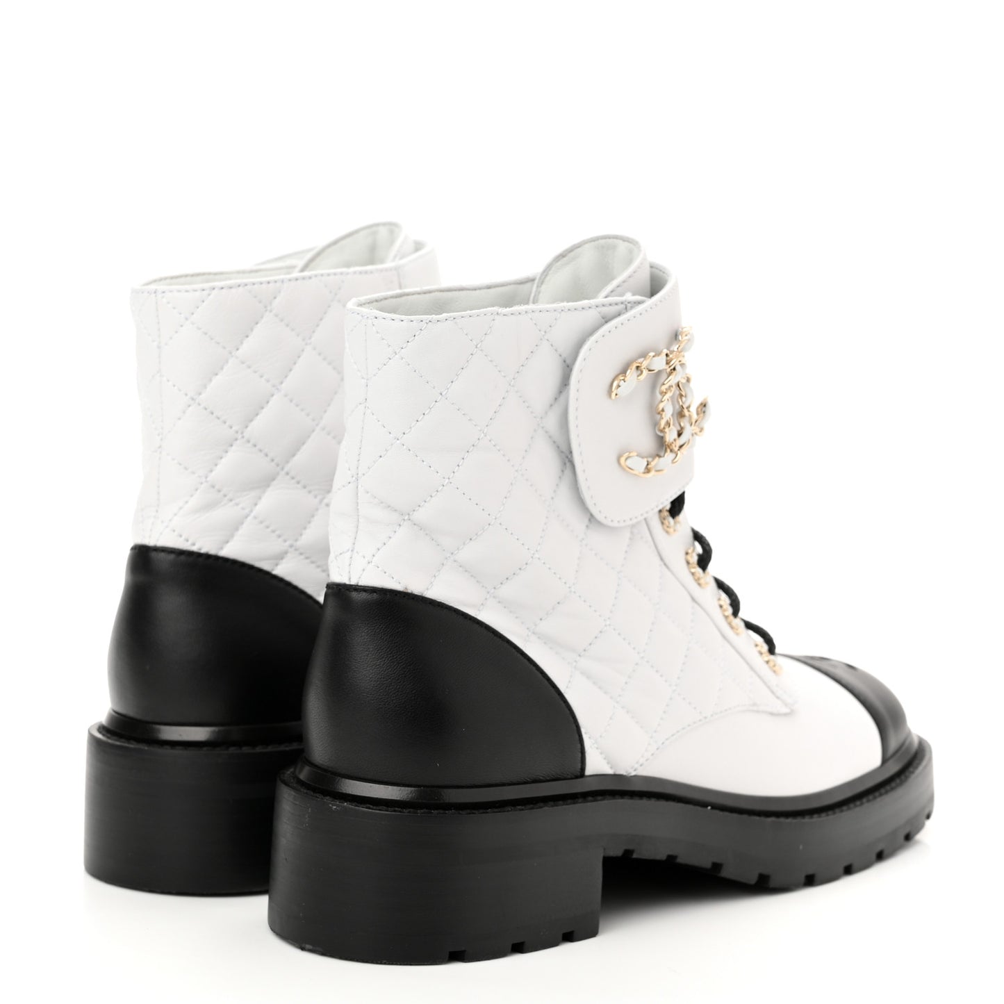Shiny Lambskin Quilted Lace Up Combat Boots 39.5 White Black