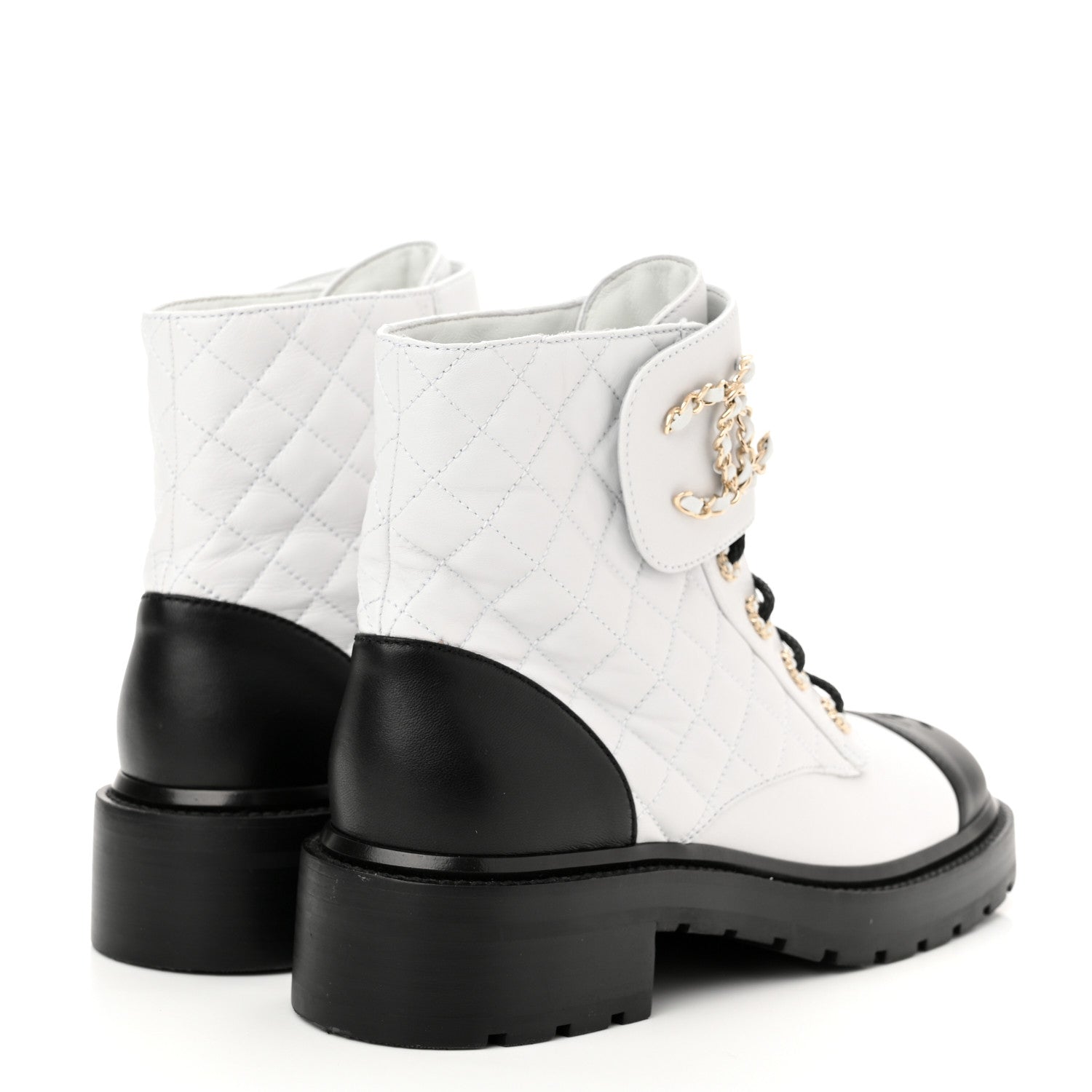 Chanel Shiny Lambskin Quilted Lace Up Combat Boots 39.5 White Black 4 of 8