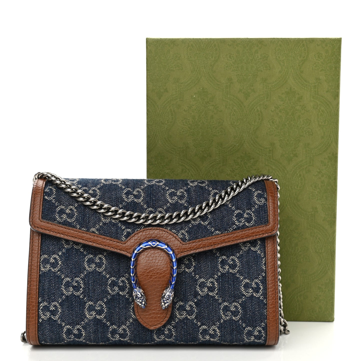 New Denim GG Monogram Dollar Calfskin Enamel Mini Dionysus Chain Wallet Blue Tea Cuir Epilog Electric Blue