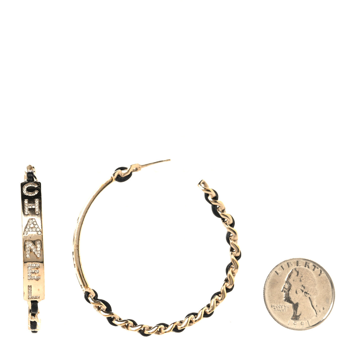 Metal Lambskin Crystal Sergeant Chanel Hoop Earrings Gold