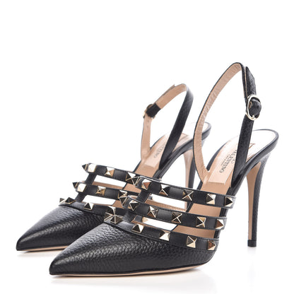Valentino Garavani Pebbled Calfskin Rockstud Cage Slingback Pumps 36 Black 3 of 9