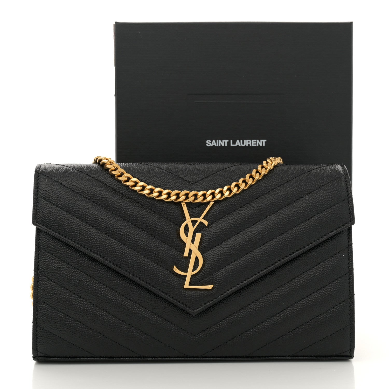 Saint Laurent Grain De Poudre Matelasse Chevron Monogram Chain Wallet Black 13 of 13
