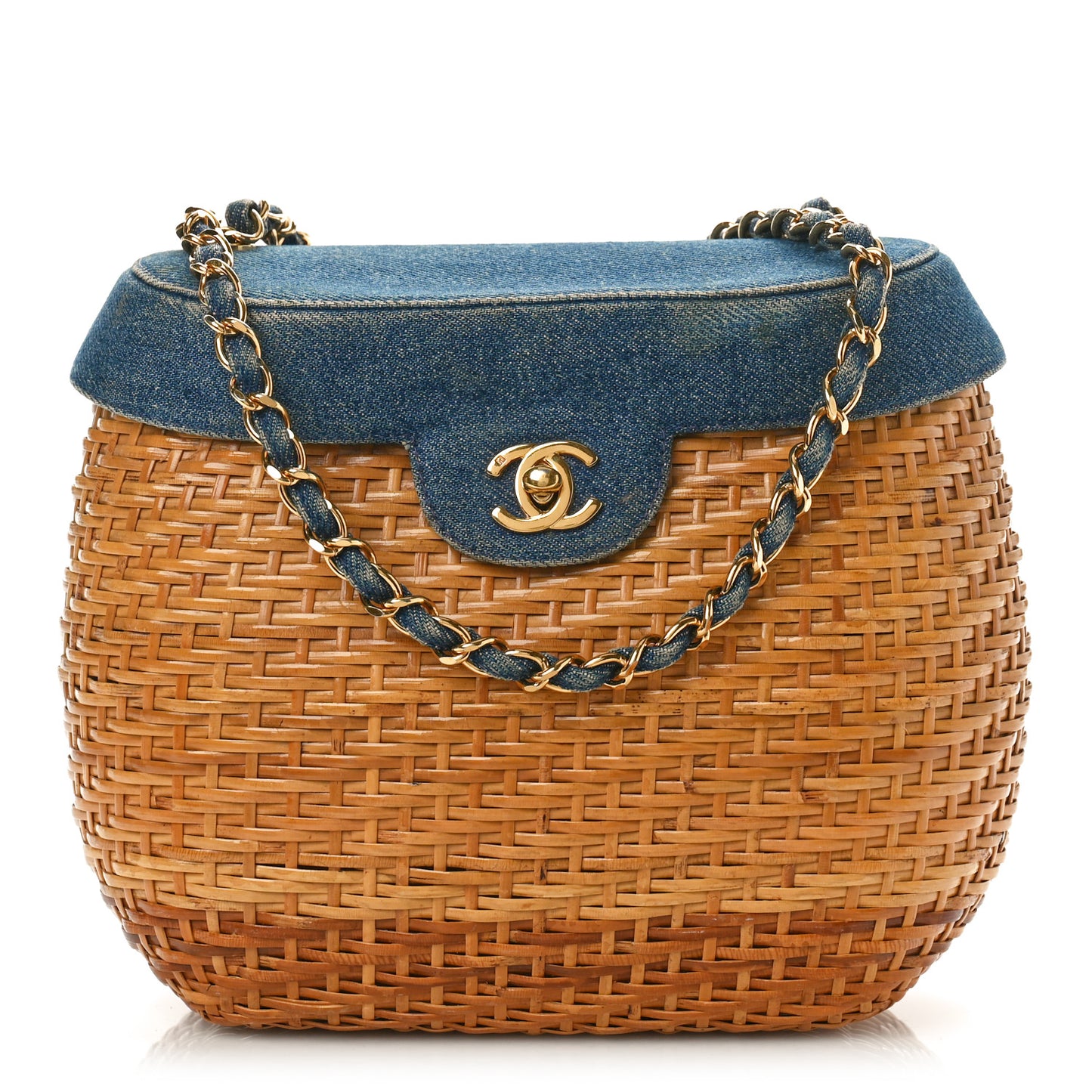 Denim Rattan Basket Shoulder Bag Blue