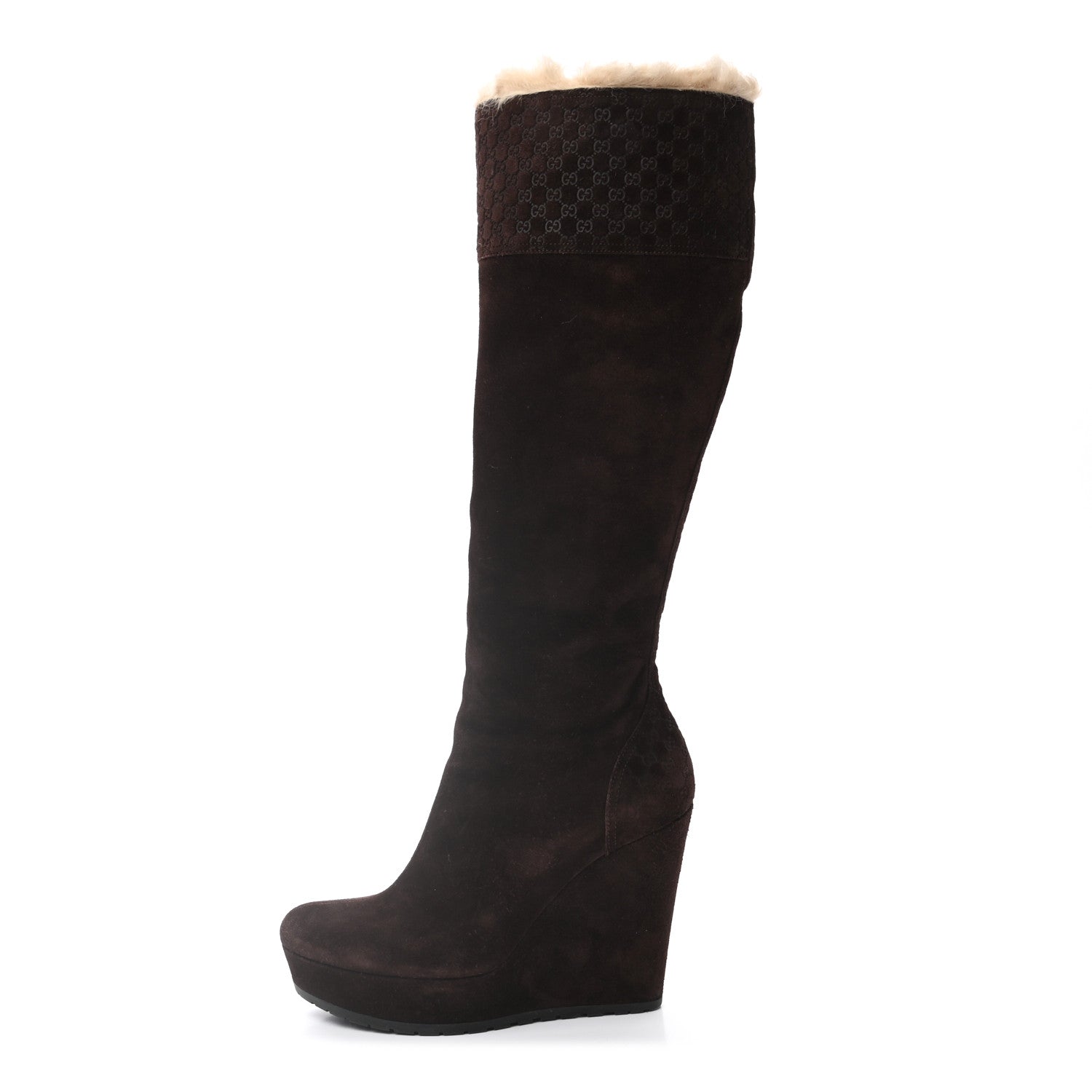 Gucci Suede Shearling Fur Microguccissima Courtney Tall Wedge Boots 36.5 Cocoa 1 of 13