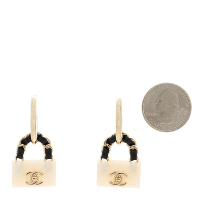 Chanel Metal Resin Calfskin Quilted CC Turnlock Chain Bag Earrings Gold Pearly White 2 of 5