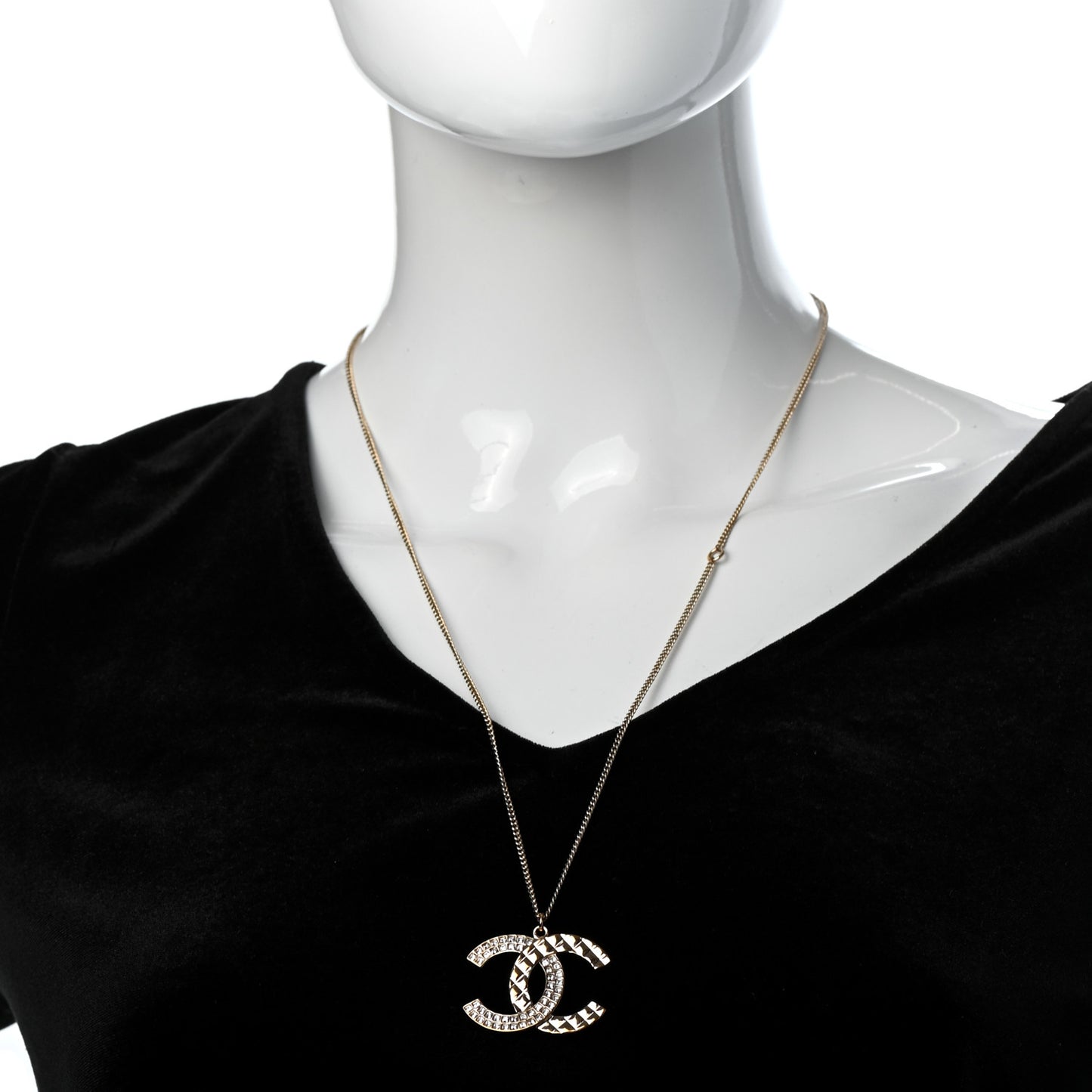Baguette Crystal Quilted CC Pendant Necklace Gold