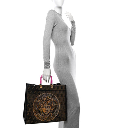 Fendi X VERSACE Fabric Jacquard Calfskin Plexiglass Fendace FF Medusa Studded Large Fendi Sunshine Shopper Tote Marrone Fuxia 2 of 12
