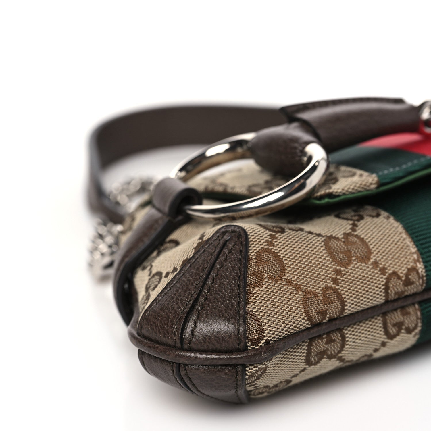 Gucci Monogram Textured Dollar Calfskin Heavy Grosgrain Web Small Maxi Horsebit Chain Shoulder Bag Beige Ebony New Acero 9 of 10