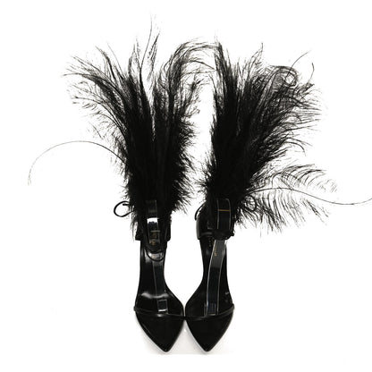 Saint Laurent Feather Embellished Calfskin Talitha Ankle-Wrap Sandals 39 Black 5 of 11