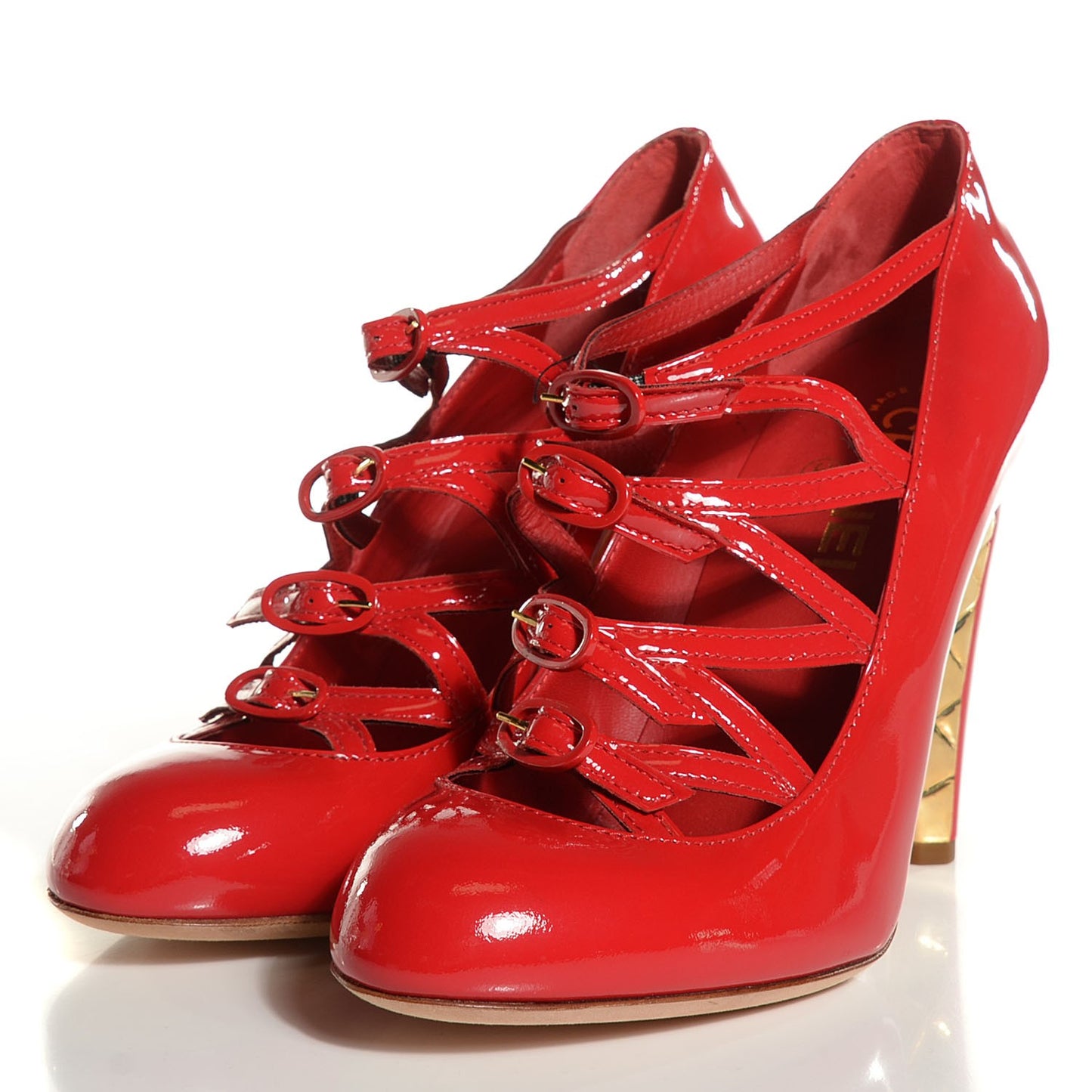 Patent Calfskin Quilted Pumps 38.5 Red Gold