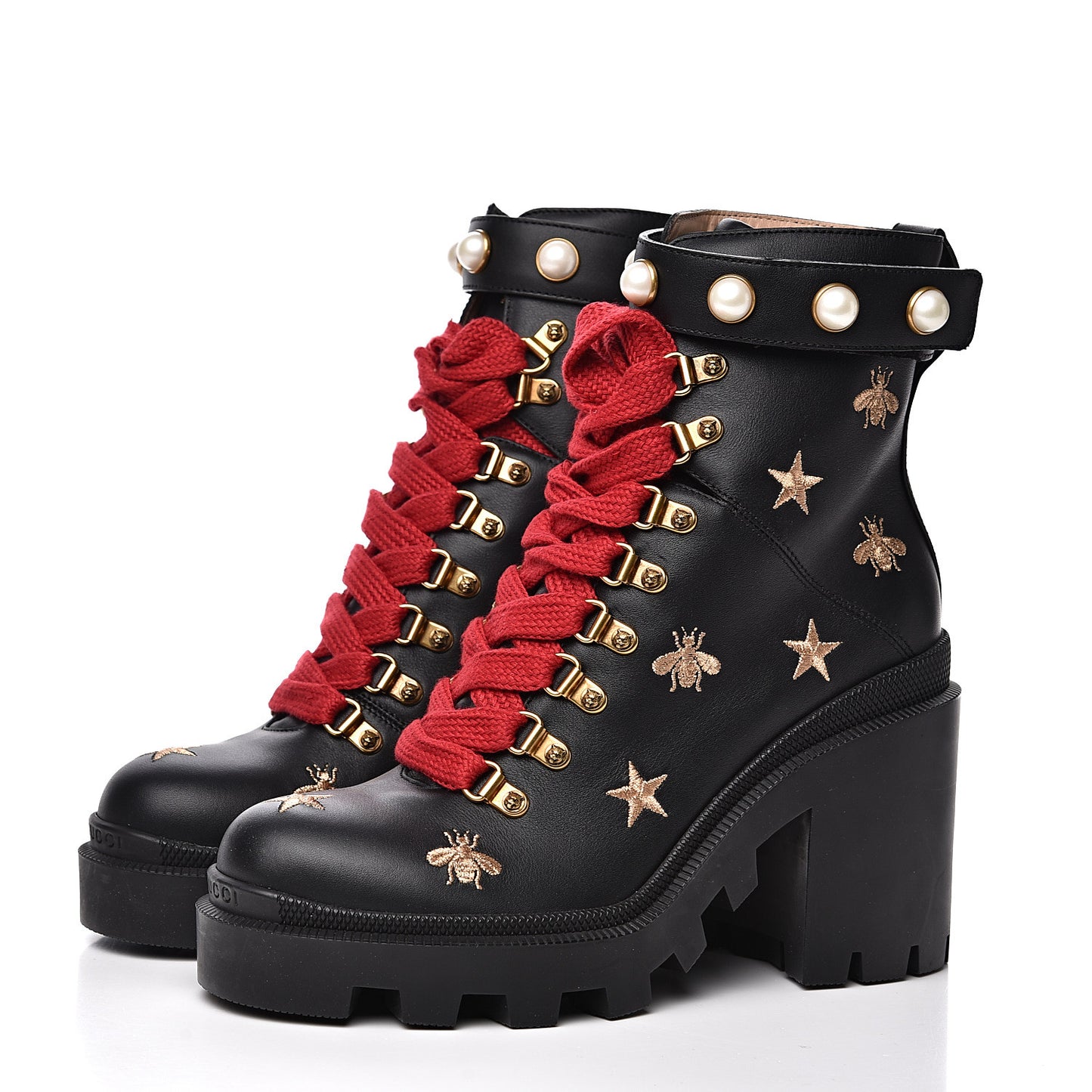Calfskin Bee Star Embroidered Lace Up Combat Ankle Boots 37 Black