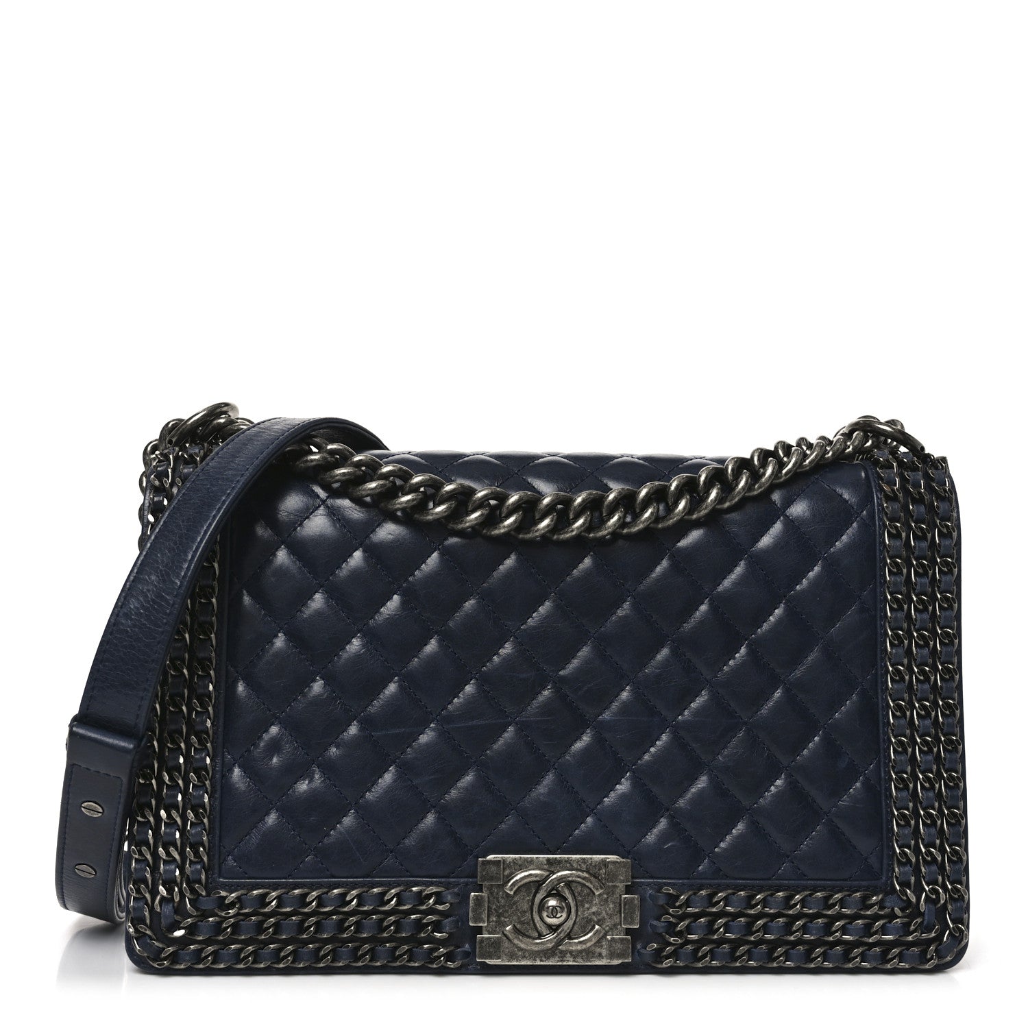 Chanel Glazed Calfskin Quilted New Medium Boy Chained Flap Navy 1 of 10