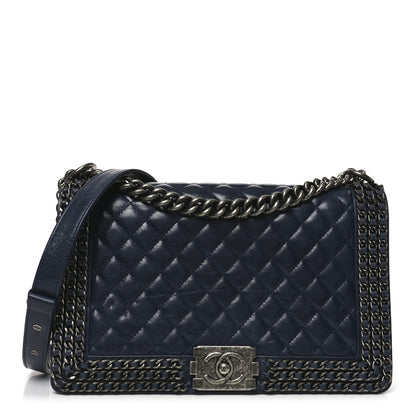 Chanel Glazed Calfskin Quilted New Medium Boy Chained Flap Navy 1 of 10