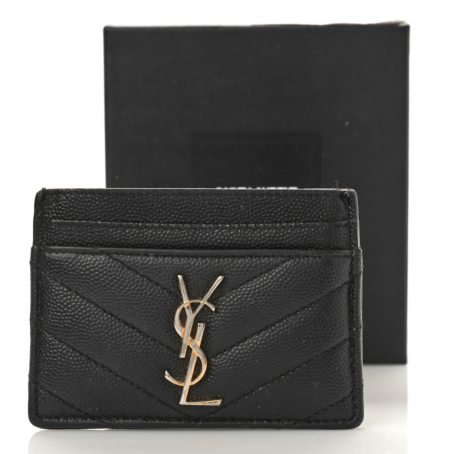 Saint Laurent Grain De Poudre Matelasse Chevron Monogram Credit Card Case Black 9 of 9