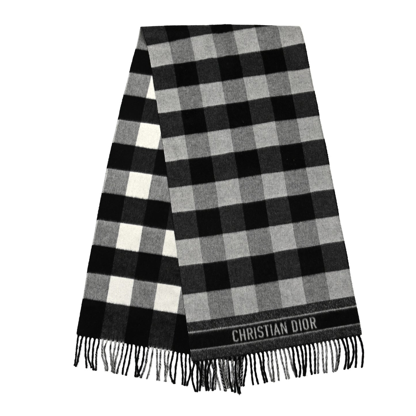 Wool Angora Check'n'Dior Fringe Scarf White Black