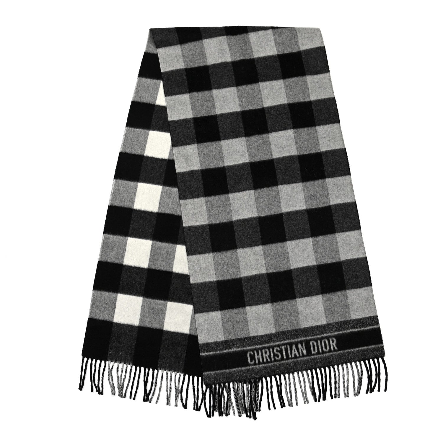 Christian Dior Wool Angora Check'n'Dior Fringe Scarf White Black 2 of 3