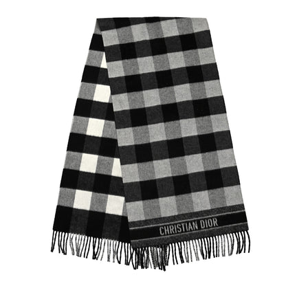 Christian Dior Wool Angora Check'n'Dior Fringe Scarf White Black 2 of 3