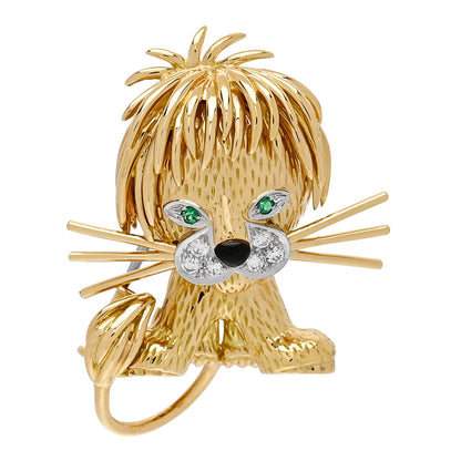 Van Cleef & Arpels 18K Yellow Gold Diamond Emerald Black Onyx Lion Ebouriffe Brooch 1 of 5