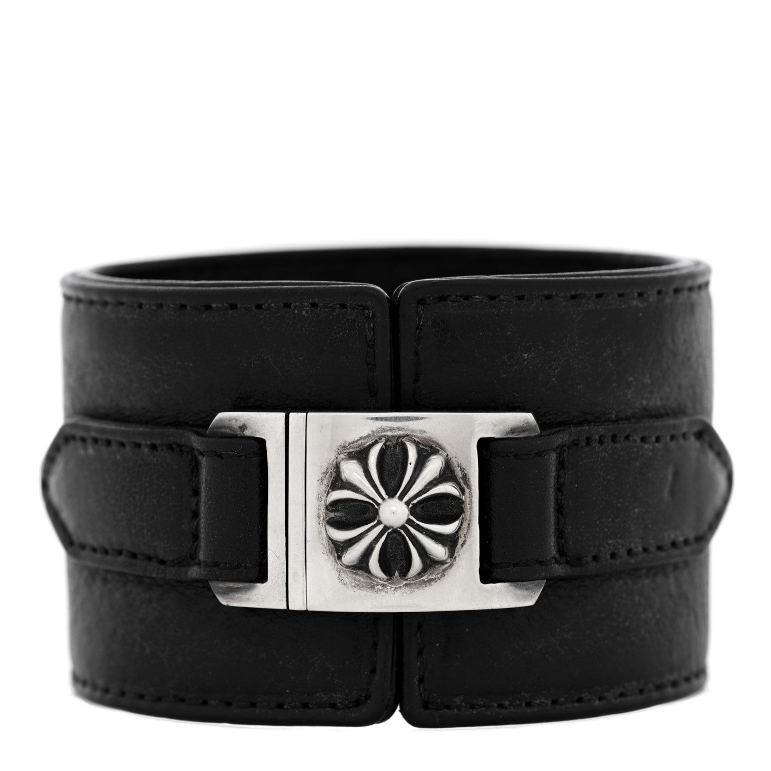 Chrome Hearts Sterling Silver Leather Wide Maltese Cross Bracelet 1 of 3
