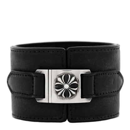 Chrome Hearts Sterling Silver Leather Wide Maltese Cross Bracelet 1 of 3