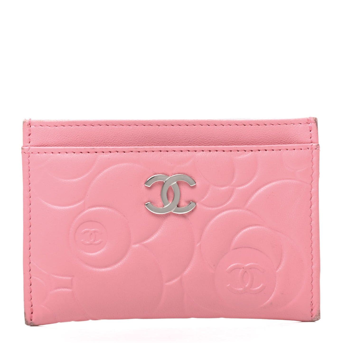 Lambskin Camellia Embossed Card Holder Pink