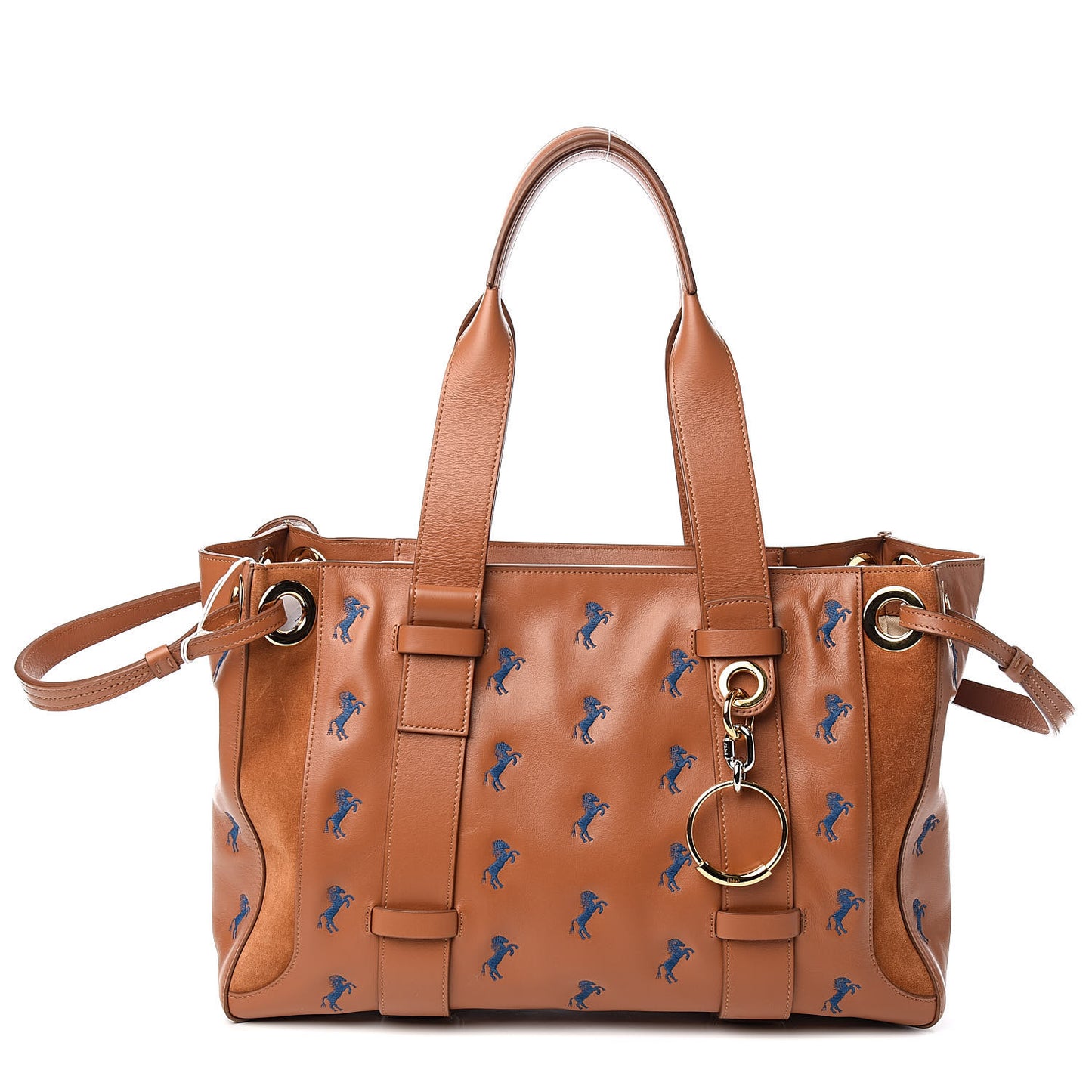 Smooth Calfskin Little Horses Embroidered Tao Zipped Tote Caramel