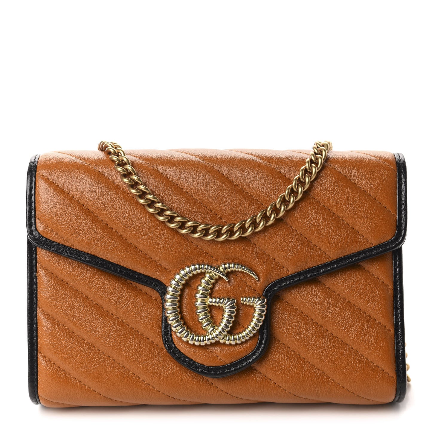 Vintage Effect Calfskin Matelasse Diagonal Torchon GG Marmont Chain Wallet Cognac
