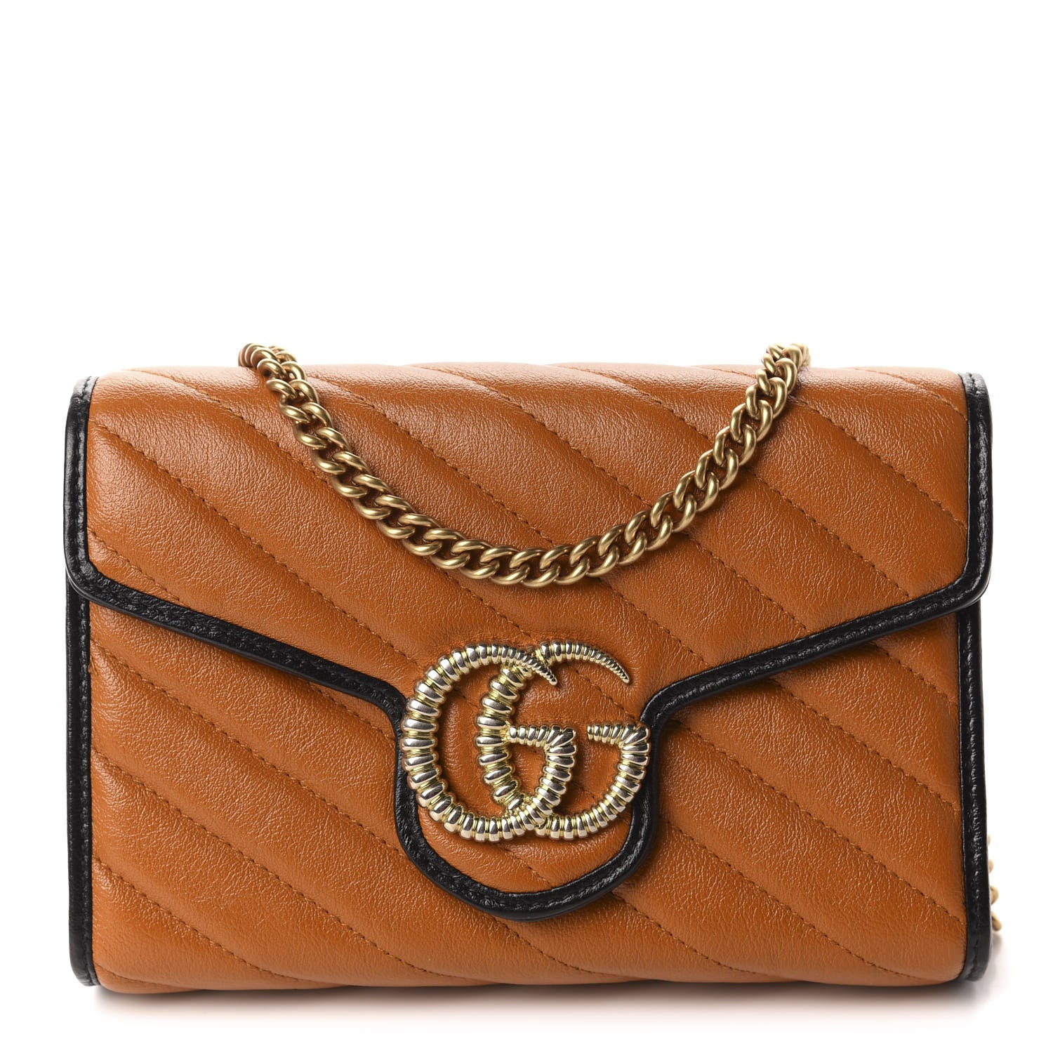 Gucci Vintage Effect Calfskin Matelasse Diagonal Torchon GG Marmont Chain Wallet Cognac 1 of 10
