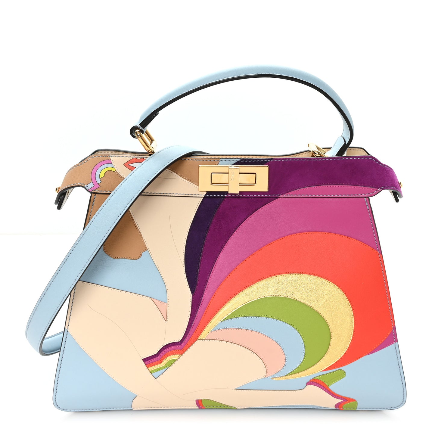Vitello Seta Nappa Bi-Color Rainbow Girl Inlay Medium Peekaboo I SEE U Satchel Azzurro Baby Multicolor