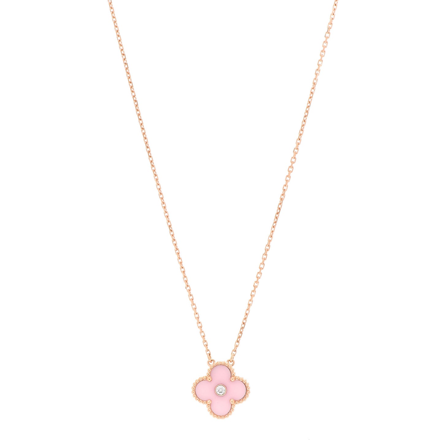 18K Rose Gold Diamond Pink Porcelain Vintage Alhambra Pendant Necklace