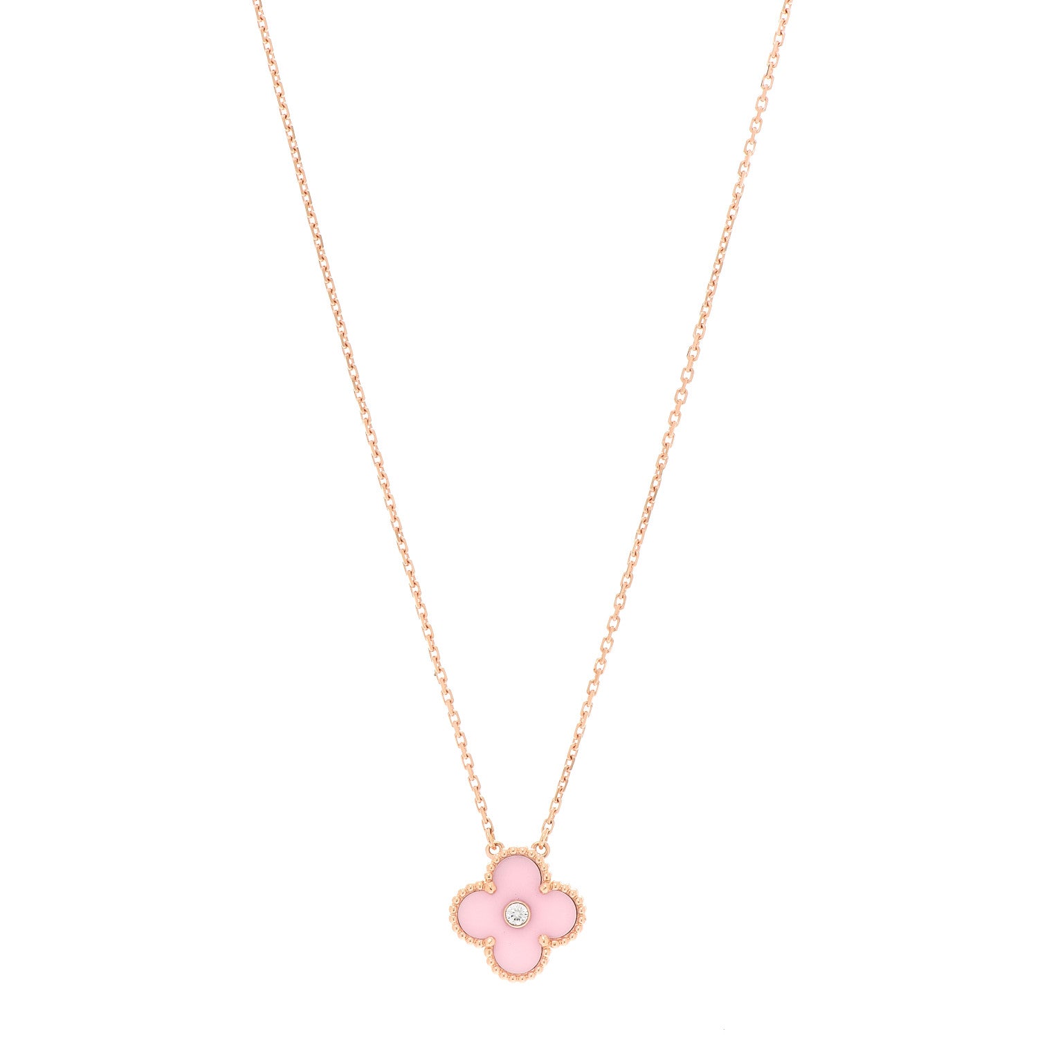 Van Cleef & Arpels 18K Rose Gold Diamond Pink Porcelain Vintage Alhambra Pendant Necklace 1 of 6
