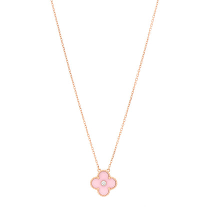Van Cleef & Arpels 18K Rose Gold Diamond Pink Porcelain Vintage Alhambra Pendant Necklace 1 of 6