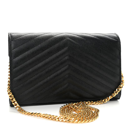 Saint Laurent Grain De Poudre Matelasse Chevron Monogram Chain Wallet Black 3 of 10