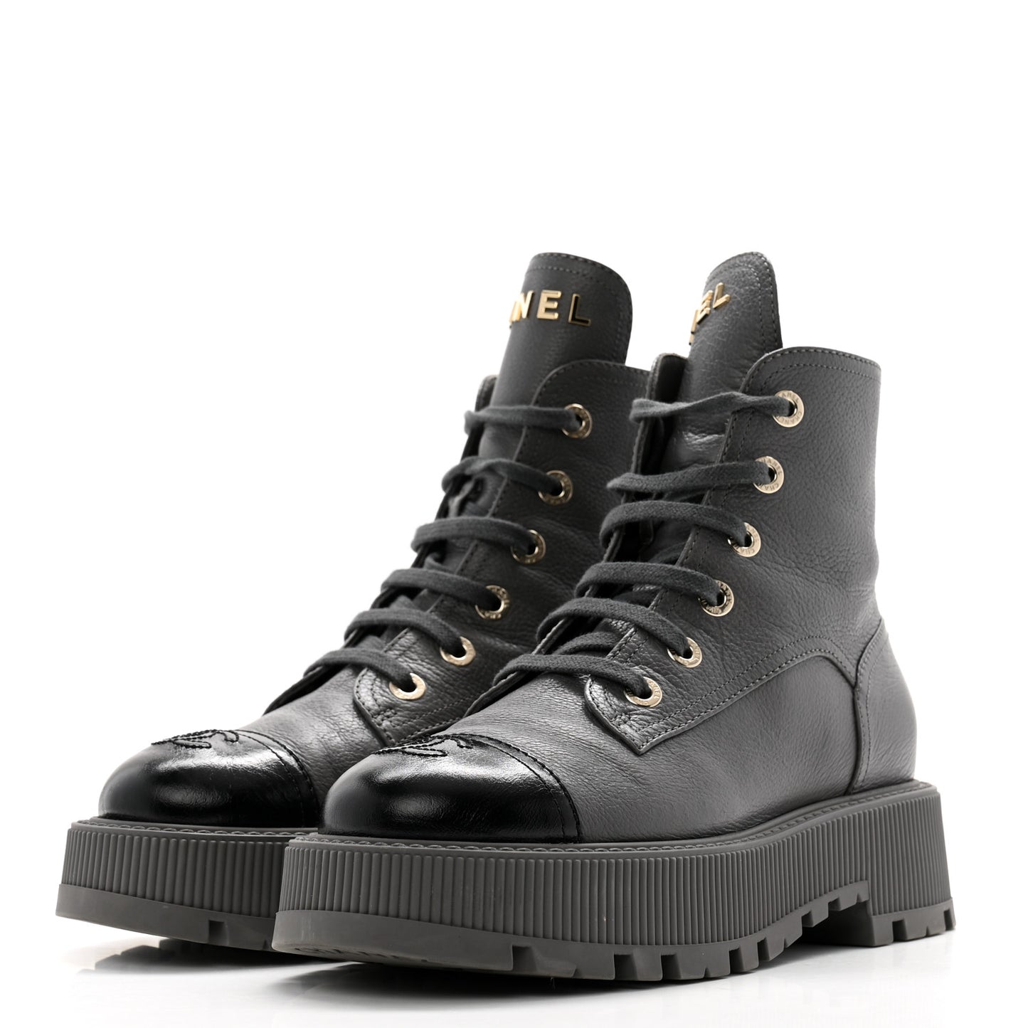 Grained Calfskin Shiny Calfskin CC Lace Up Combat Boots 38.5 Grey