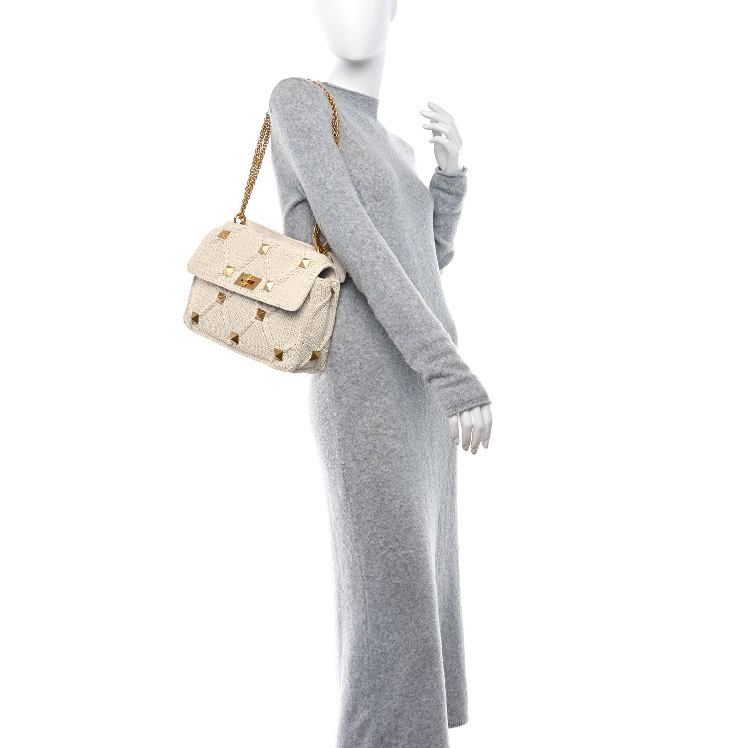Valentino Garavani Knit Large Roman Stud Shoulder Bag Ecru 2 of 9