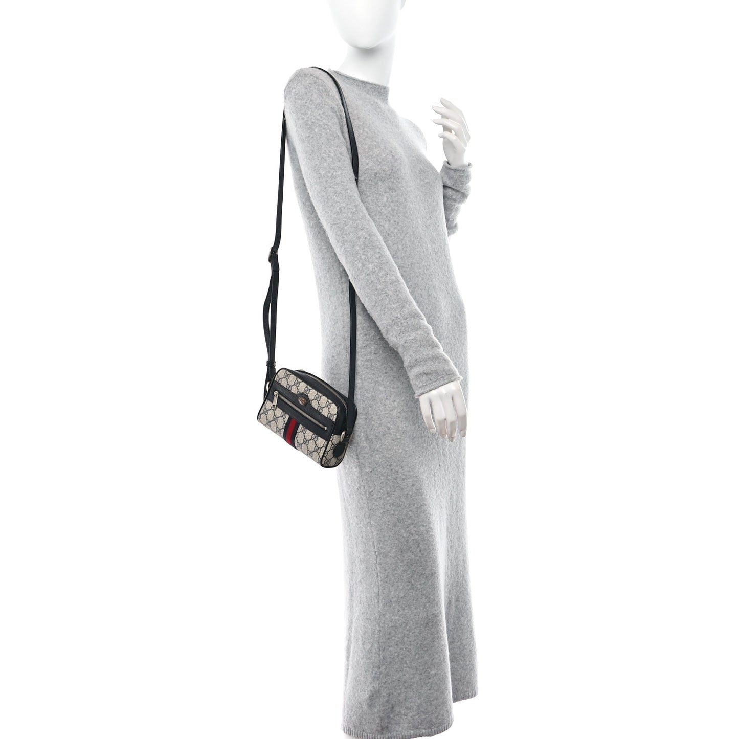 GG Supreme Monogram Textured Dollar Calfskin Web Mini Ophidia Shoulder Bag Beige Blue