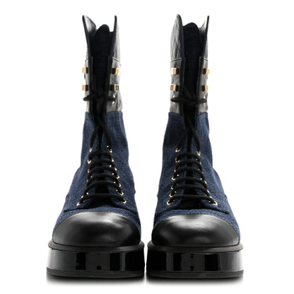 Chanel Denim Patent Lambskin Quilted CC Lace Up Combat Boots 38 Blue Black 3 of 10