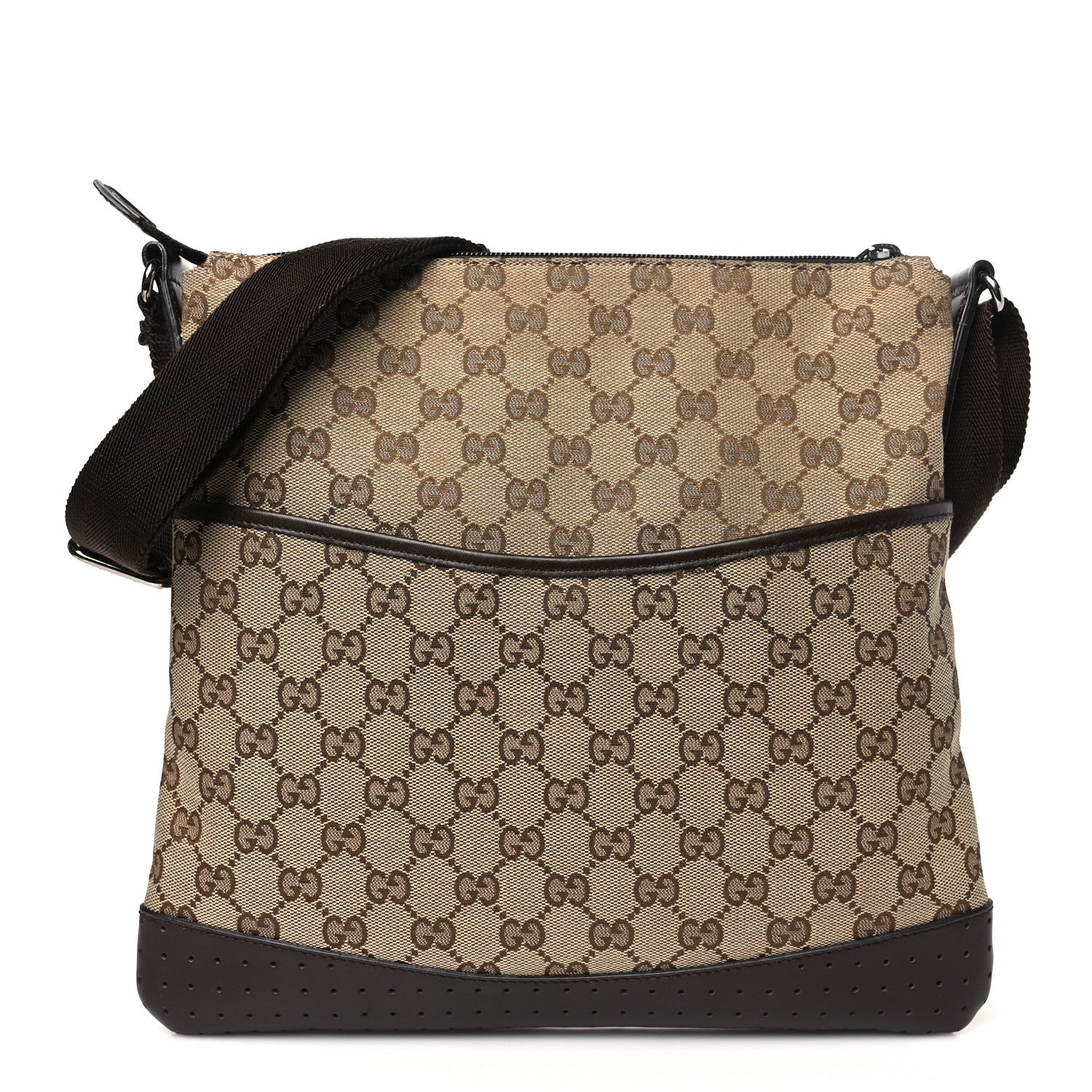 Gucci Monogram Calfskin Perforated Medium Flat Messenger Bag Dark Brown 1 of 10