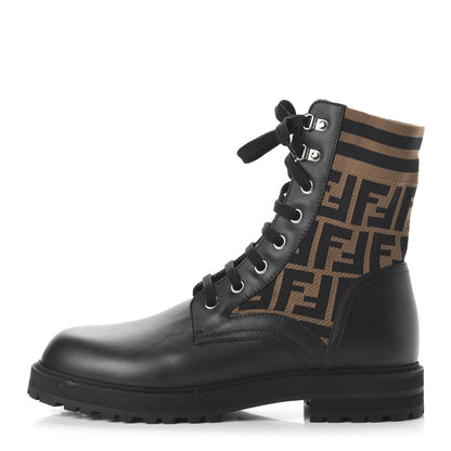 Fendi Vitello Jersey Fabric FF Mens Biker Boots 9 Black Tobacco 1 of 8