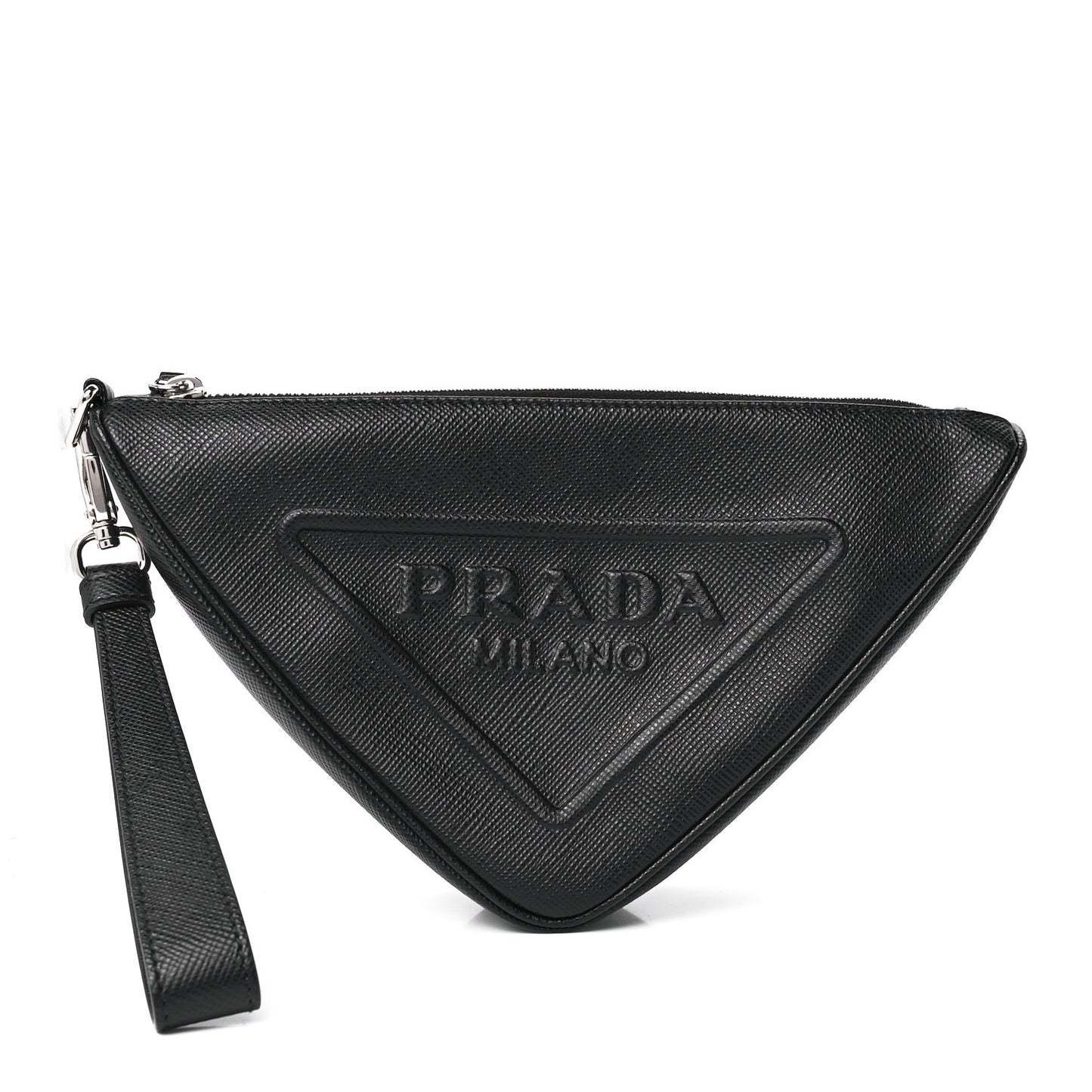 Saffiano Cuir Triangle Logo Embossed Triangle Wristlet Black