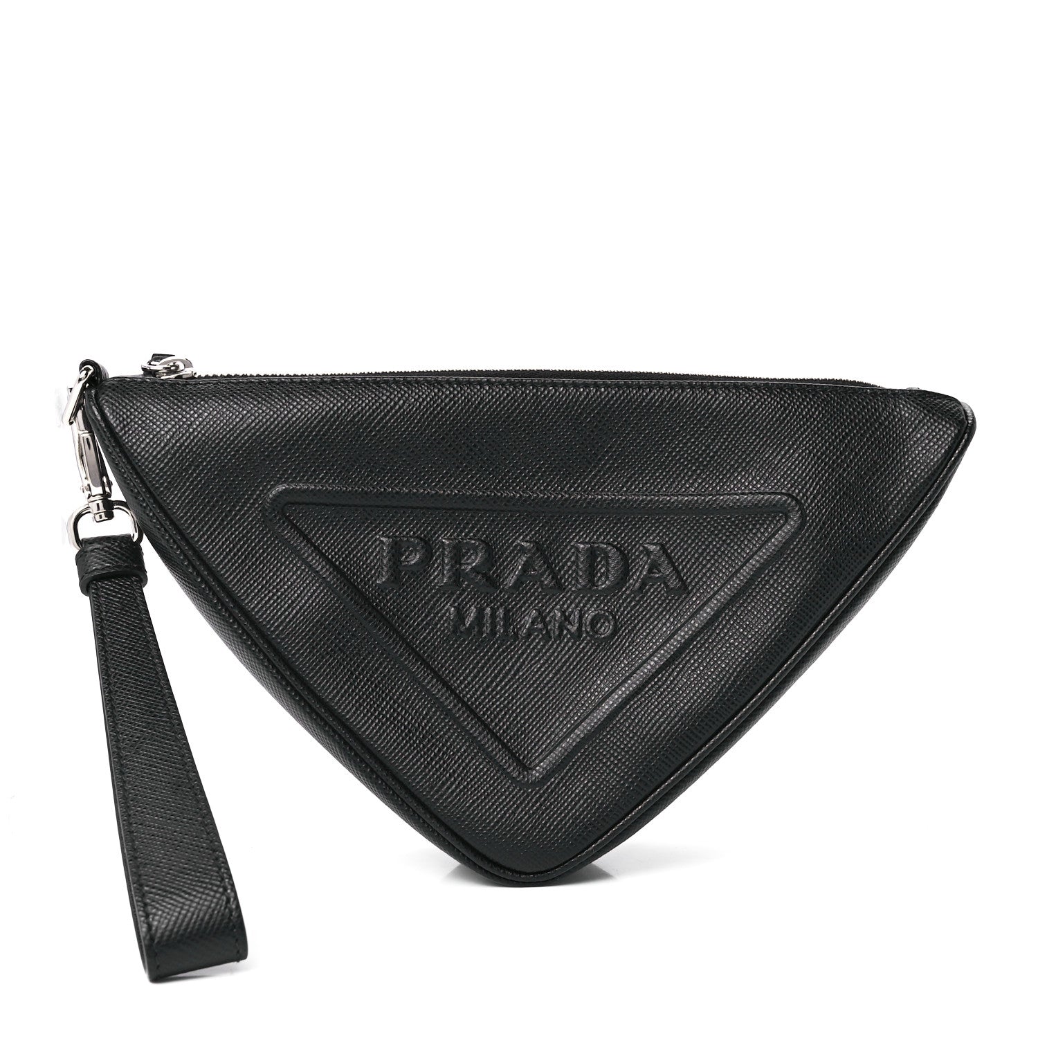 Prada Saffiano Cuir Triangle Logo Embossed Triangle Wristlet Black 1 of 12