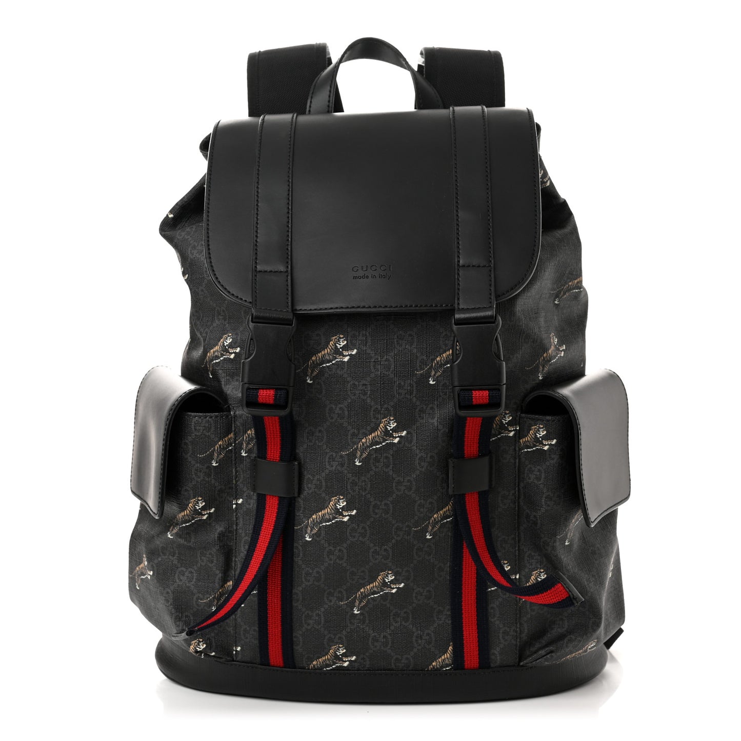 Soft GG Supreme Monogram Appia Calfskin Web Double Buckle Backpack Black