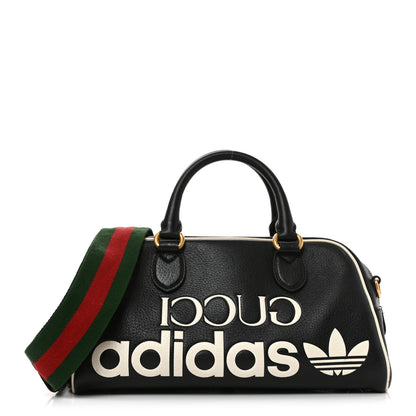 Gucci X ADIDAS Textured Dollar Calfskin Web Trefoil Logo Embossed Mini Bowling Bag Black Off White 1 of 9