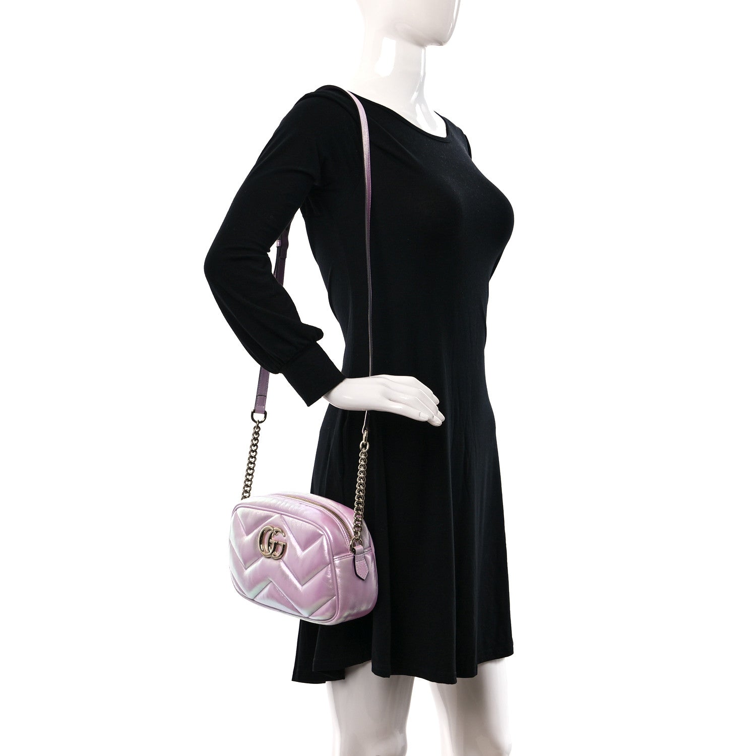 Gucci Iridescent Nappa Chevron Matelasse Small GG Marmont Chain Shoulder Bag Iridescent Escape Pink 2 of 9