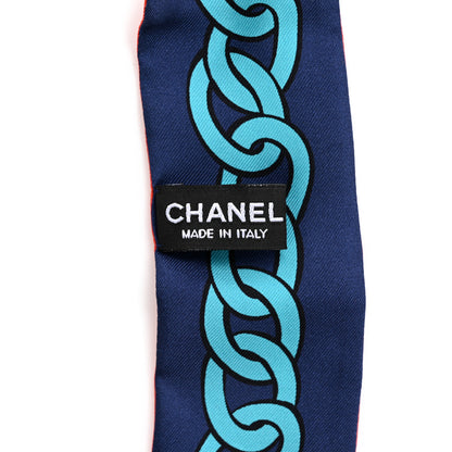 Chanel Silk Lucky Symbols Slim Bandeau Scarf Blue Orange 3 of 4
