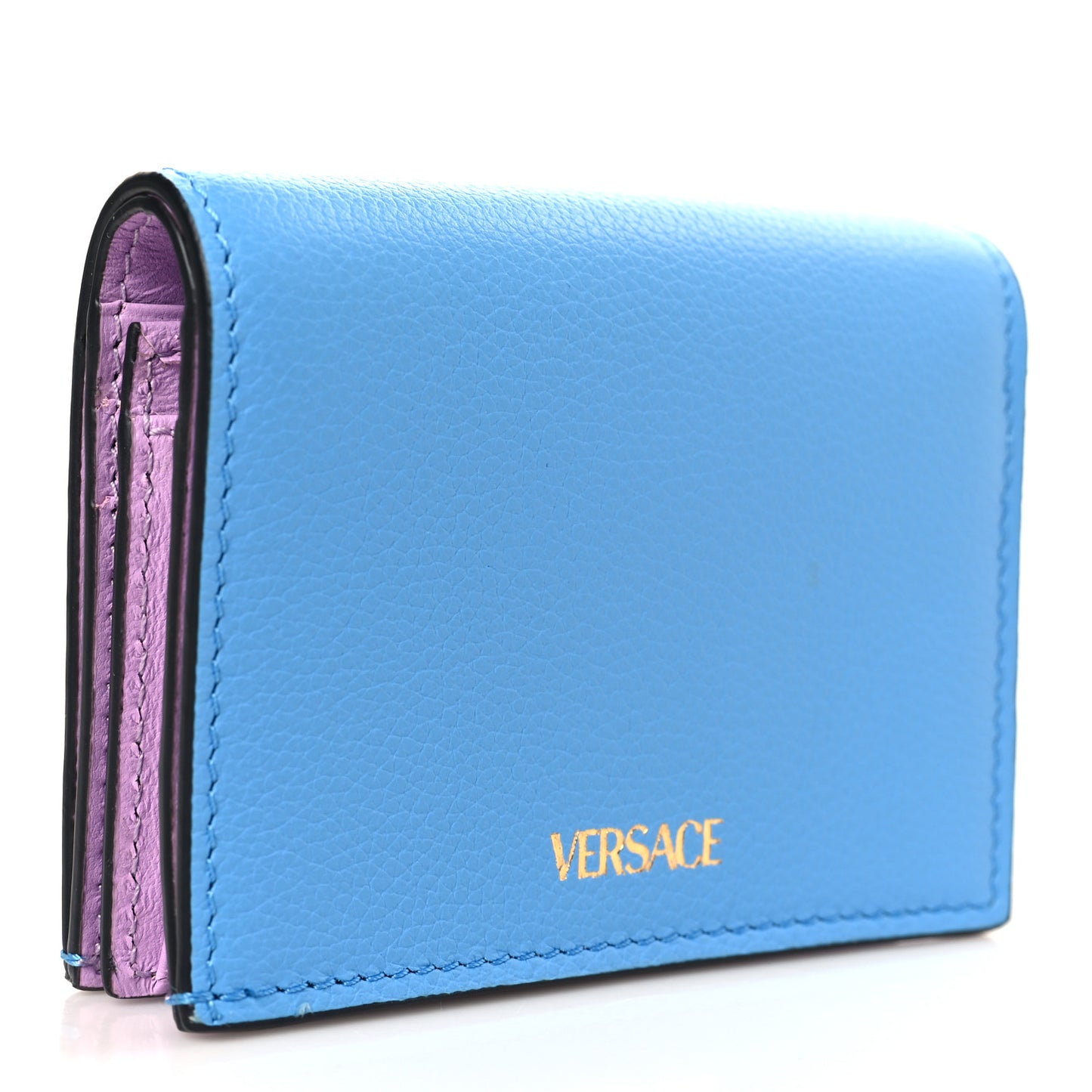 Grained Calfskin Medusa Card Holder Wallet Light Blue Purple